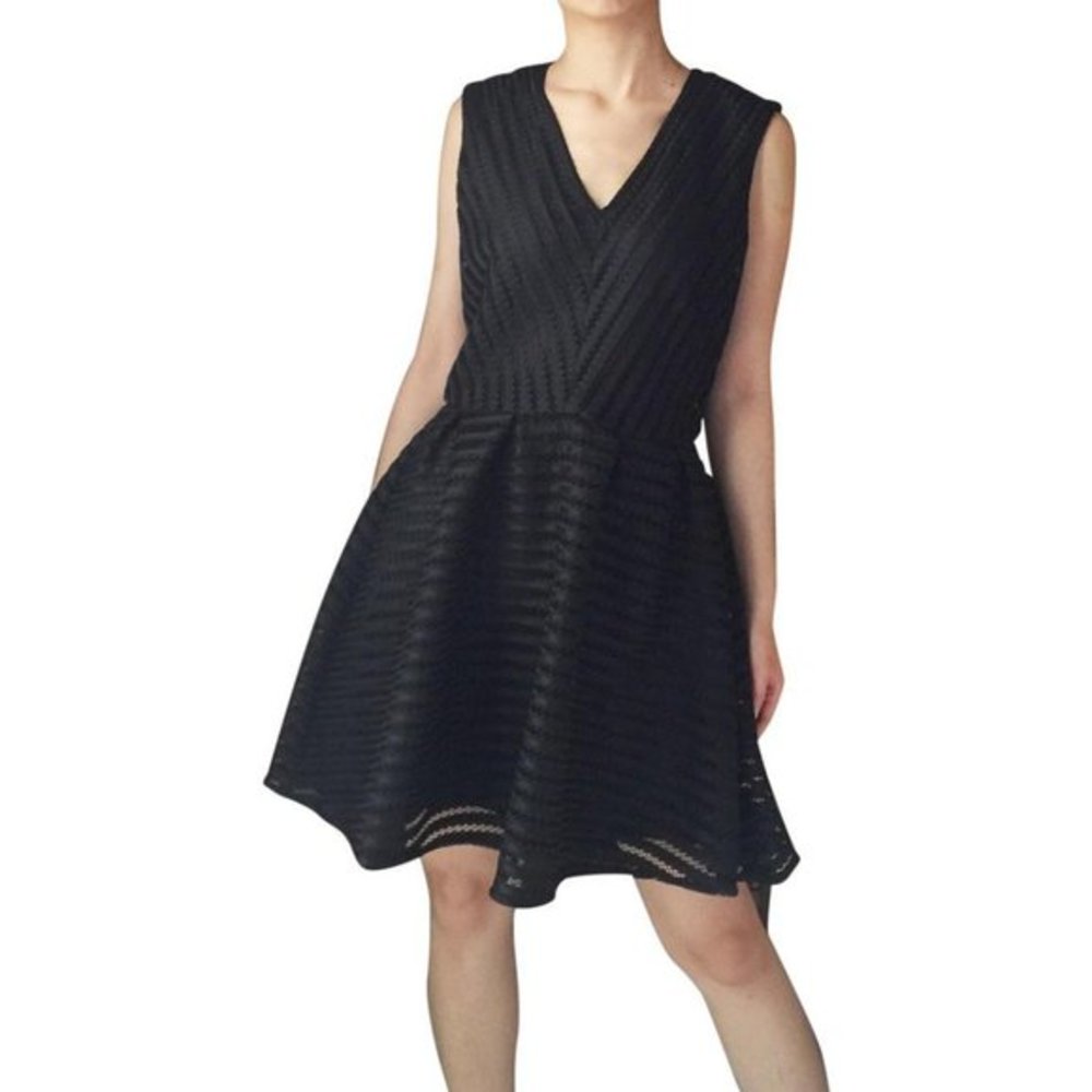 H&M Black Textured V-Neck Knee-Length Eyelet Dress